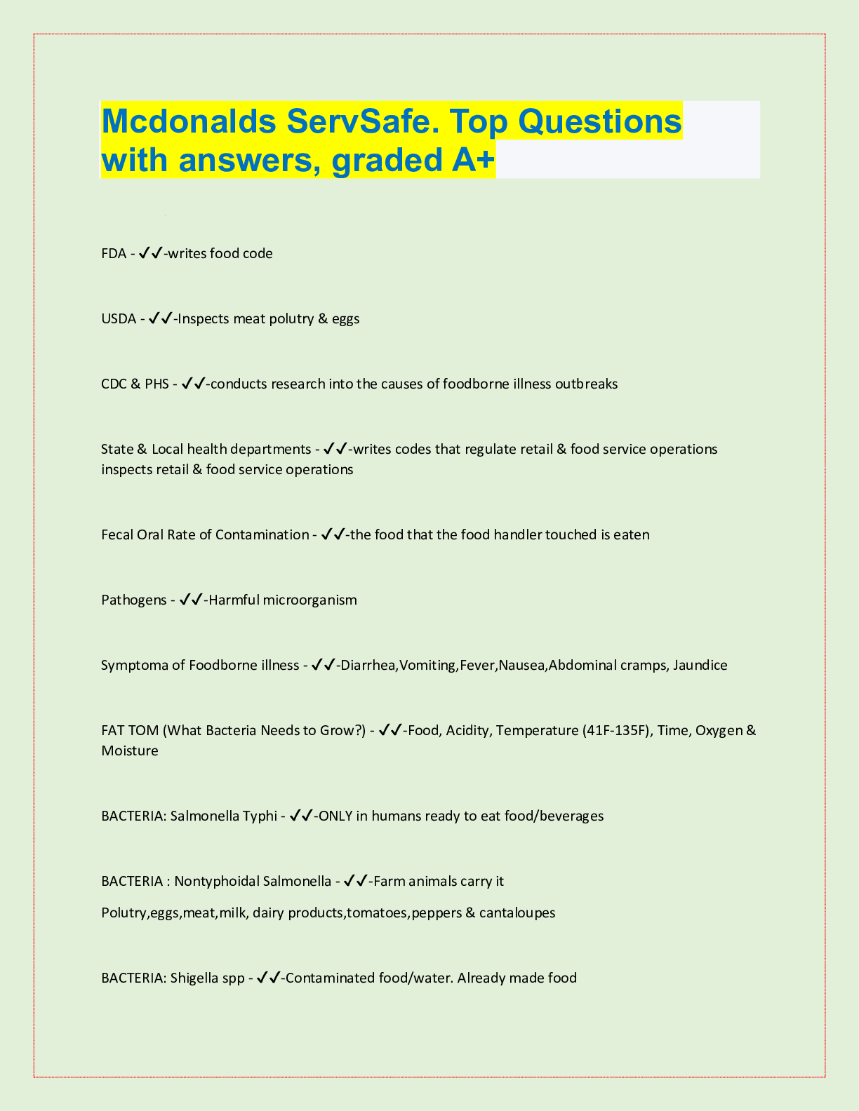 Preview image for Mcdonalds ServSafe. Top Questions  with answers, graded A+ FDA - ✔✔-writes food code
